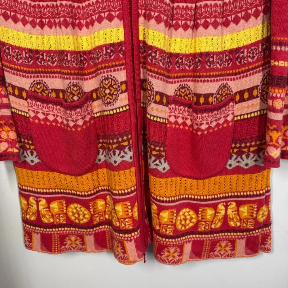 KOOI Knit Vibrant Red Orange Patterned Cardigan Nordic Fair Isle Zip Cotton - Picture 6 of 16